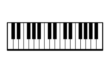 Minimalist vector illustration of a classical piano keyboard, featuring distinct white and black keys, ideal for music theory, digital instrument interfaces, educational content, and timeless design p