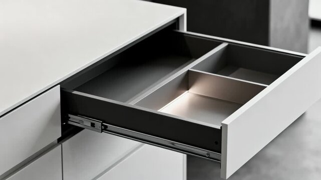 Medium shot of sleek drawer opening to reveal hidden compartment emphasizing modern secret storage solutions in contemporary furniture design.