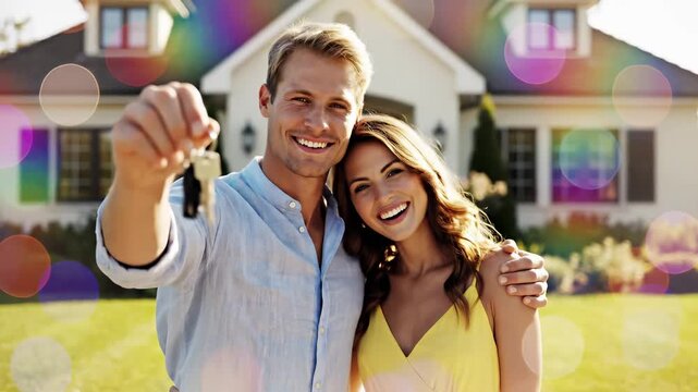Smiling couple holding house keys in frontasuburban home with a lawn. New property purchase, real estate investment and first ownership achievement. Joy and success of buying a.