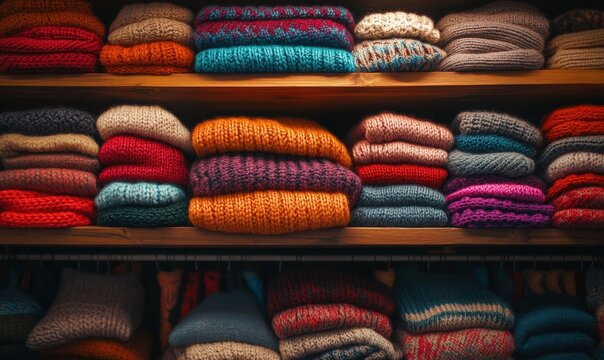 Cozy knitted sweaters and blankets neatly stacked on wooden shelves in a warm, inviting display