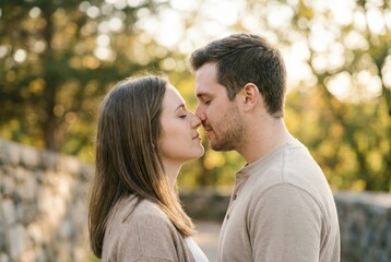Fototapeta premium An intimate close-up of a young romantic couple with eyes closed, about to kiss in a park with soft, natural bokeh.