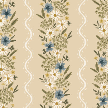 Romantic meadow wildflower vector seamless pattern with bachelor buttons, chamomile, Queen Anne's lace, wavy ribbon, stitch stripes. Hand-drawn bouquets. Vintage cottagecore design for farmhouse