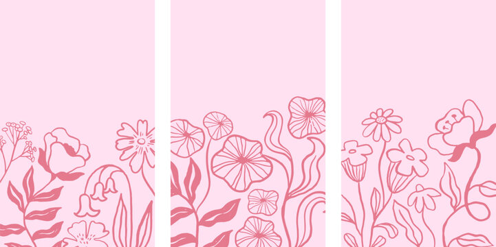 Vintage hand drawn floral print and poster templates collection. Vertical card backgrounds set.