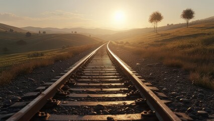 Obraz premium A sunlit railway stretches through grassy hills toward a distant horizon, at dusk