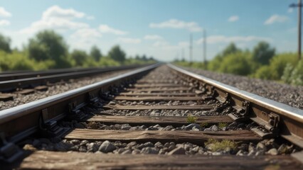 Obraz premium Close-up of parallel railway tracks stretching into the distance, flanked by green foliage and sky