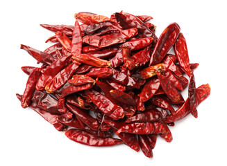 Pile of red hot chili peppers isolated on white, top view