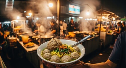 Fototapeta premium Delicious Indonesian Meatball Soup Served at Night Market.