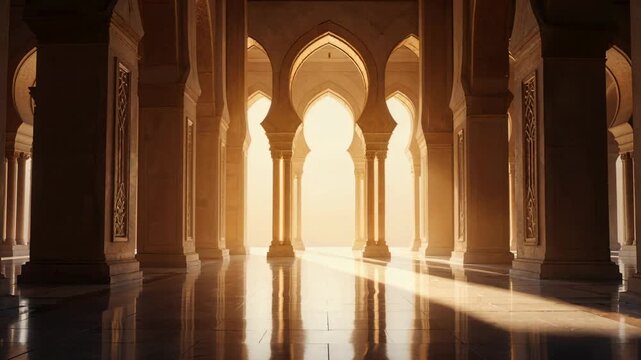 Interior of a majestic mosque with Islamic arches and columns. Golden sunlight streaming through a corridor with reflective marble floors. Ramadan and Eid al-Fitr concept