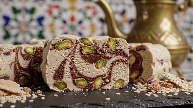 Traditional sesame halva with pistachios and chocolate swirls on dark slate. Soft lighting highlights texture against a blurred oriental mosaic and brass teapot. Arabic dessert footage concept.
