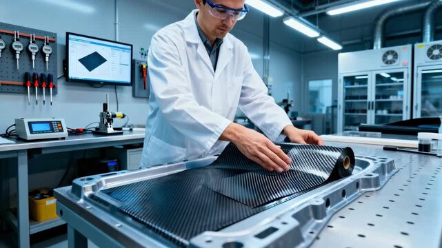 Medium shot of a technician layering carbon fiber sheets onto a mold in a hightech composite materials workshop