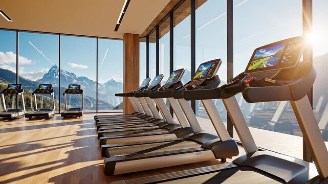 indoor gym treadmill lined up in a luxury hotel
