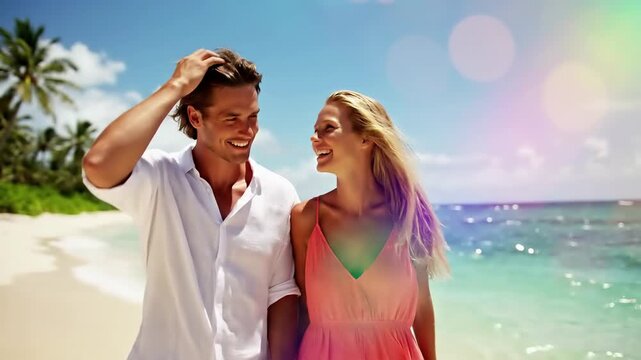 Happy couple laughing together on tropical beach with ocean and palm trees. Romantic vacation at paradise island resort. Summer holiday lifestyle and love by the seaside with turquoise water.