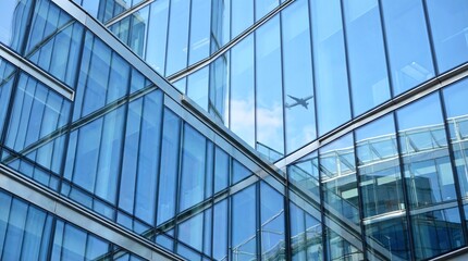 Obraz premium Airplane reflection on glass facade of modern office building