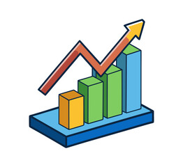 3D illustration of a professional business growth chart featuring a green arrow moving up a financial bar graph on a white background to represent market success and investment progress