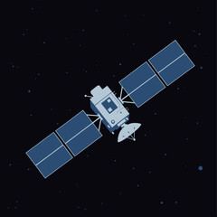 Satellite in orbit, solar panels extended, against a starry dark sky