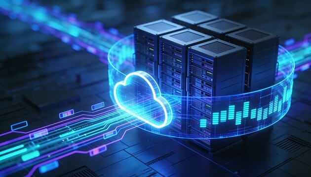Cloud server infrastructure protected by digital firewall, cybersecurity and data protection concept, secure cloud services and modern IT network security illustration