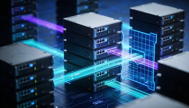 Cloud server infrastructure protected by digital firewall, cybersecurity and data protection concept, secure cloud services and modern IT network security illustration