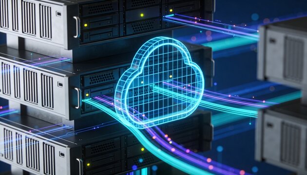 Cloud server infrastructure protected by digital firewall, cybersecurity and data protection concept, secure cloud services and modern IT network security illustration