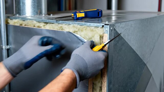 Medium shot of hands securing advanced insulation layers on HVAC equipment focusing on precise application techniques for maximum thermal efficiency.