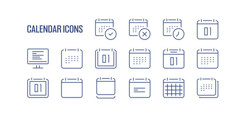 Fototapeta premium Calendar icons set with various date, schedule, planner and event symbols, minimal outlined collection for time management and organization isolated on white background flat vector illustration.