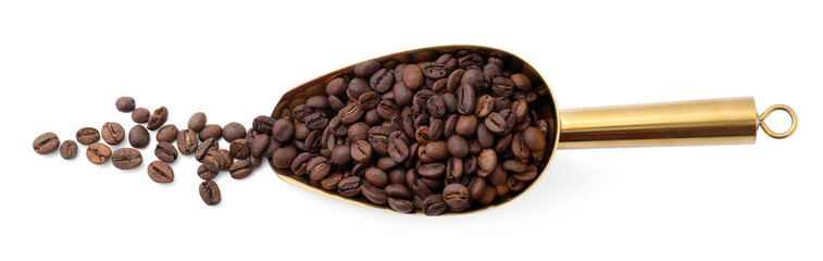 Fototapeta premium Coffee beans in scoop isolated on white, top view