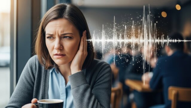 Person experiencing hearing sensitivity and ear discomfort, visualized sound waves, auditory issues, hypersensitivity, medical conditions, aural health concerns, sensory overload, internal noise,