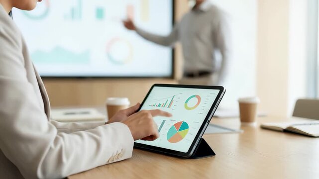 Professional analyzing business analytics dashboard with pie charts and bar graphs on tablet at office desk. Data visualization and performance metrics reporting for corporate strategy planning