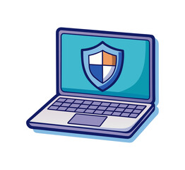A digital 3D illustration of a laptop with a shield icon on the screen representing secure network technology and online business communication for protected internet web data