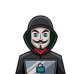 A funny cartoon illustration of a professional businessman with a laptop featuring a stylish character design with glasses and unique hair art