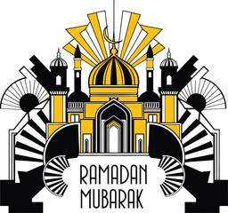 Fototapeta premium Ramadan mubarak poster with yellow and black mosque architecture design, islamic religious festival celebration banner featuring a crescent moon icon