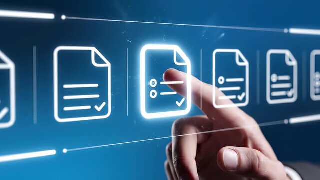 Digital document management system with file icons and checkmarks. Electronic data organization and workflow automation interface. Business storage and retrieval technology concept.