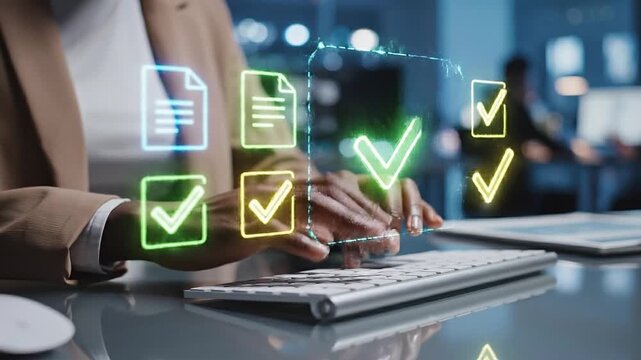 Business person checking digital documents on laptop with checklist approval icon, verification, workflow control, productivity and online document management.