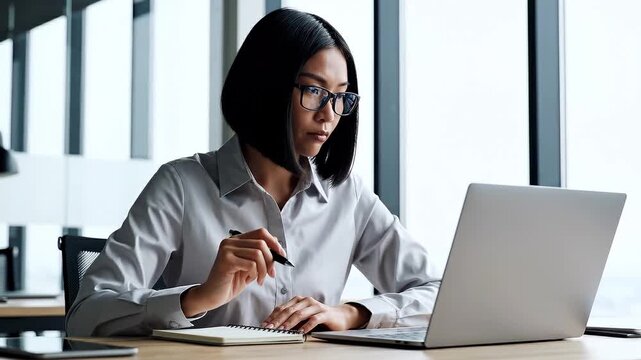 Asian businesswoman watching video call online conference taking notes using laptop at workplace in office. Female employee listening remote business training talking communicates remotely. Vertical