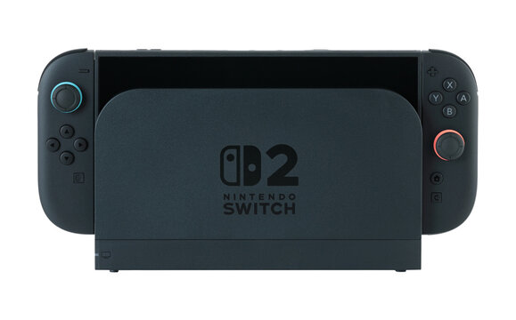 Nintendo Switch 2 gaming console in dock station for stationary home gameplay, isolated on transparent background
