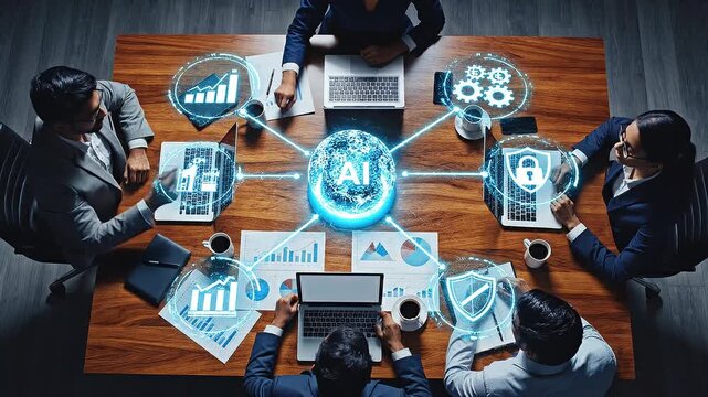 Business professionals collaborate in a modern office, analyzing data and discussing innovative strategies with digital tools and artificial intelligence graphics, driving teamwork. Raster
