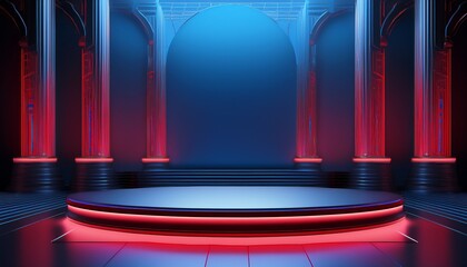 abstract geometric podium neon light black red blue color and realistic mockup d rendering of ancient greek podium background 3d rendering of an empty stage with a spotlight the stage is surrounded