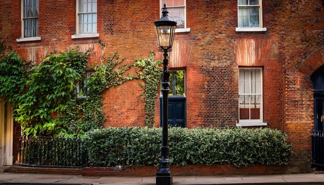 red brick wall on a london street with vintage lamp post and greenery