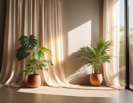 minimalist interior design featuring a neutral toned wall potted plants and sunlight streaming through a sheer curtain