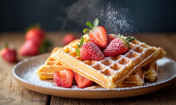 Plate of golden waffles served with fresh strawberries and a dusting of powdered sugar, placed on a rustic wooden table under warm morning light