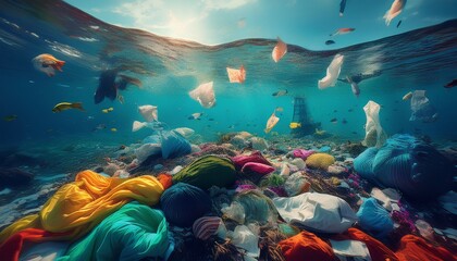 ocean filled with textile waste broken fabrics choking marine life fast fashion waste destroying ecosystems
