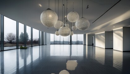 modern minimalist interior design featuring suspended spherical lights and reflective flooring