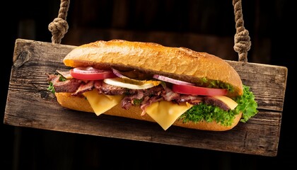delectable grilled meat and melted cheese sub sandwich hanging on rustic wooden sign