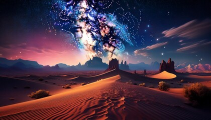 starry night sky over a serene desert landscape