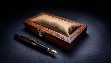illuminated wooden box with a luxurious pen and decorative cushion resting on a dark surface