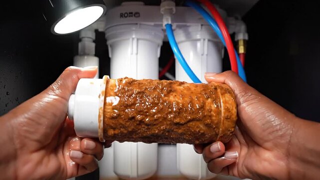 Professional plumber's hands removing a dirty, used cartridge from a reverse osmosis water filter system located under the kitchen sink during routine maintenance for clean drinking water 