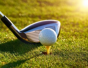 close up of a golf ball on a tee with a club positioned for a swing on a sunlit course golf ball tee club swing sunlit