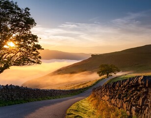 serene mountain road at sunrise mist shrouded valley tranquil landscape tree by stone wall