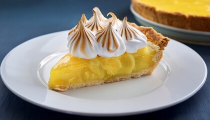 a slice of lemon meringue pie with a golden crust fluffy meringue topping and a creamy lemon filling on a white plate
