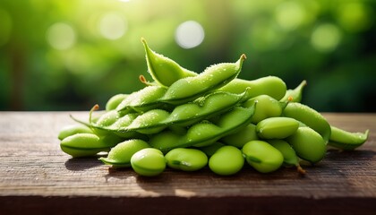 a vibrant pile of fresh green edamame pods rests on a rustic wooden surface bathed in sunlight against a lush green backdrop