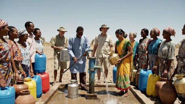 Diverse people pump fresh water in dry rural landscape